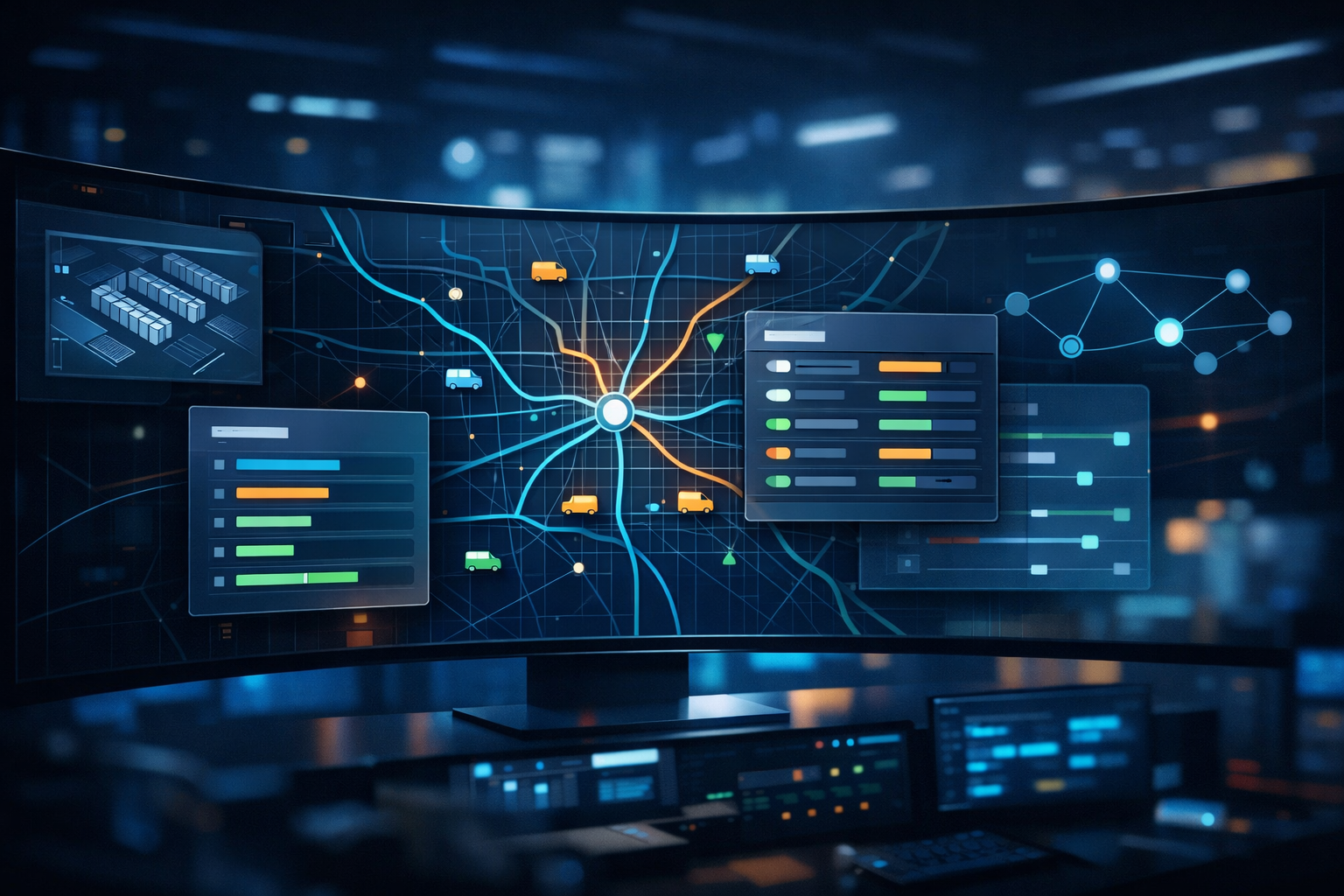Abstract fleet management dashboard showing glowing route maps, dispatch panels, and warehouse schematics in a dark navy and teal editorial composition.