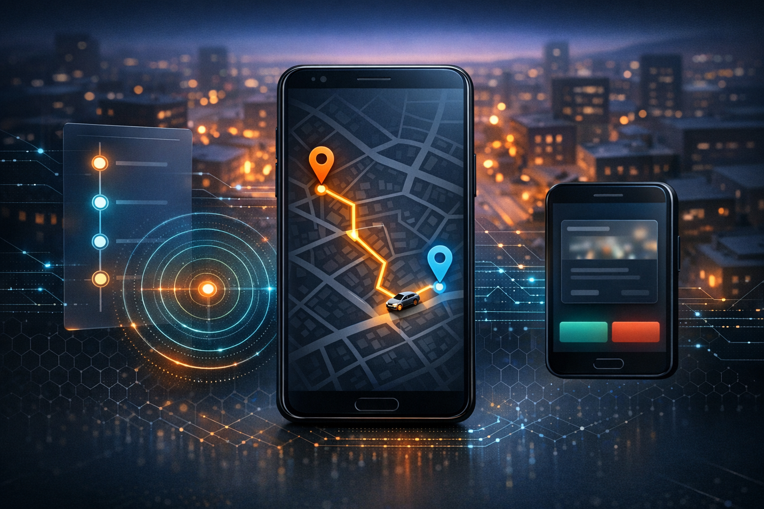 Abstract mobile app interface showing real-time driver tracking on a city map with order dispatch route lines and broadcast radius overlay.