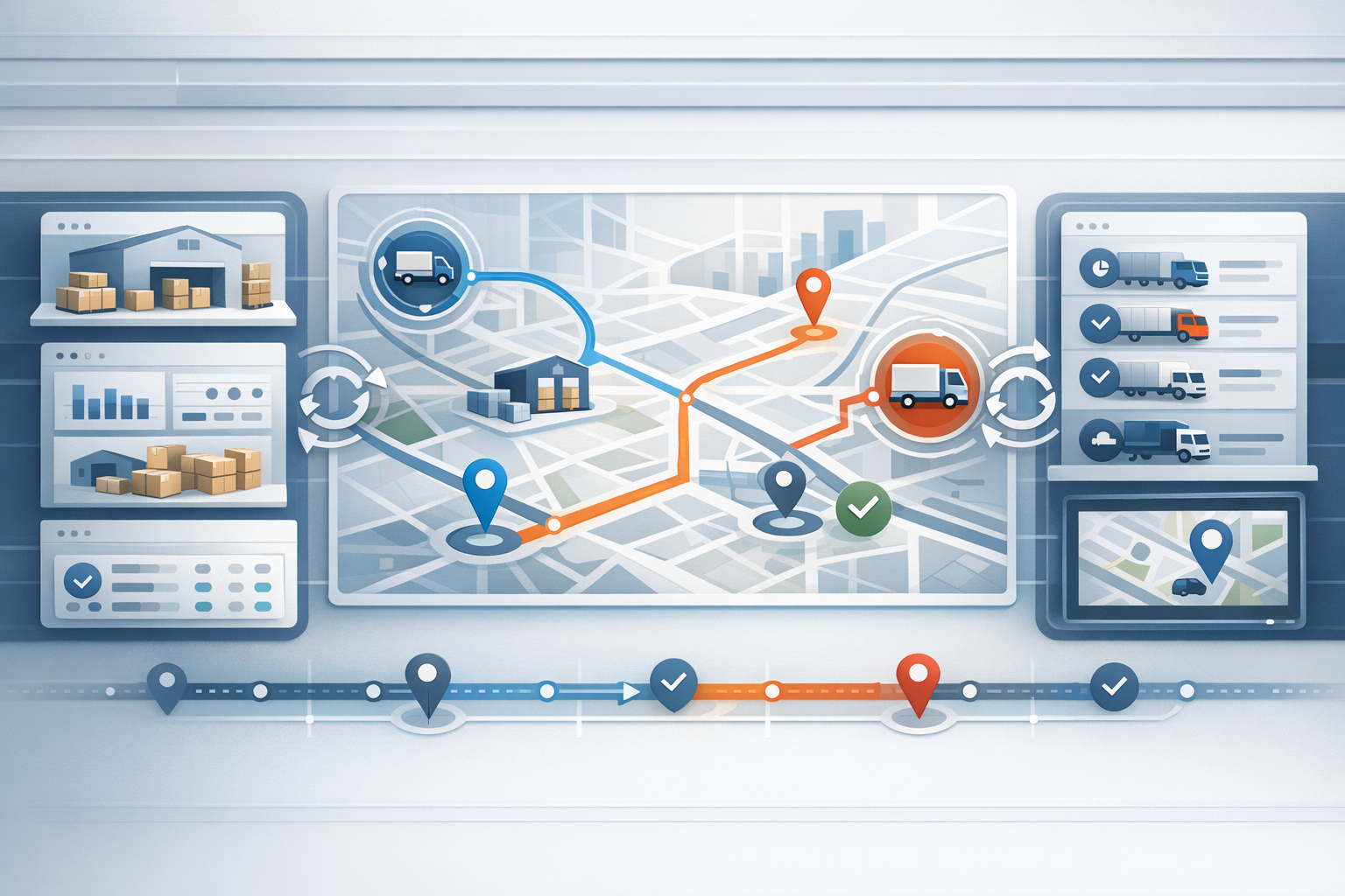 Abstract dashboard showing integration between ERP and fleet management systems with delivery routes, warehouse icons, and real-time tracking elements.